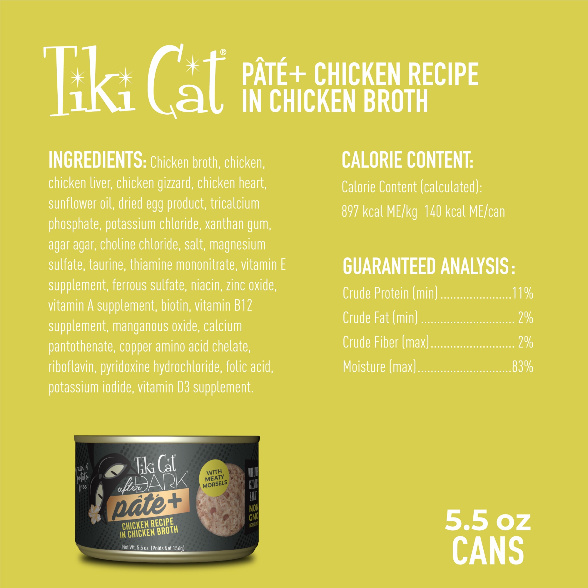 Tiki Cat After Dark Pate+ Chicken Wet Food for Cats， 2.8 oz.， Case of 12