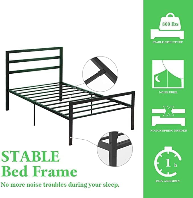 Twin Metal Bed Frame with Headboard and Footboard, 14 Inch Twin Platform Bed Frame with Storage, Heavy Duty Steel Twin Frame Bed, No Box Spring Needed for Boys Girls Twin Size, Black