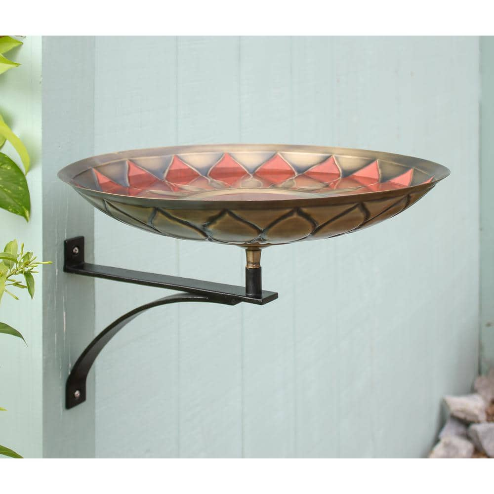 ACHLA DESIGNS 16 in. Dia. Round Antique Red Brass African Sunflower Birdbath with Black Wrought Iron Wall Mount Bracket BB-09R-WM2