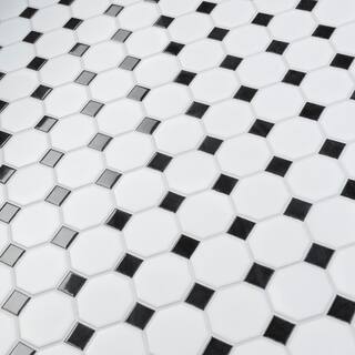 Merola Tile Metro Octagon Matte White wBlack Dot 11 12 in. x 11 12 in. Porcelain Mosaic  9.4 sq. ft. Case FXLM2OWD