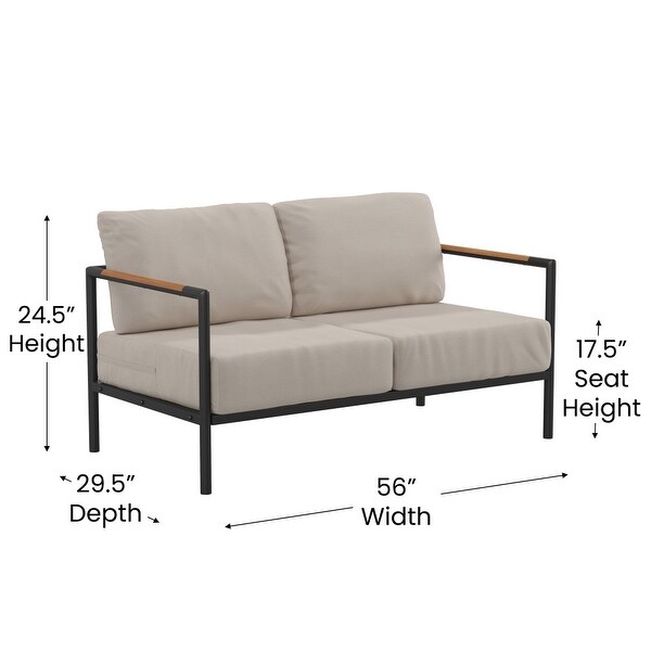 Metal Frame Loveseat with Teak Arm Accents and Plush Cushions