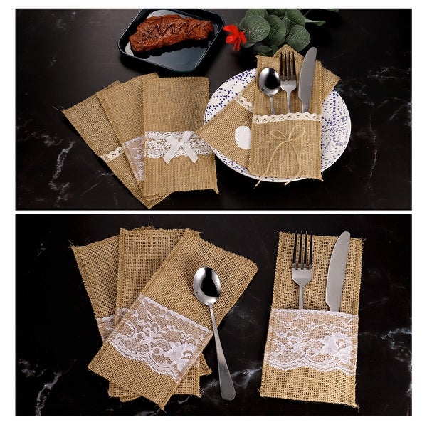 20Pcs Burlap Lace Utensil Holder Knife Fork Bags Cutlery Pouch for Wedding Decor - Light Brown