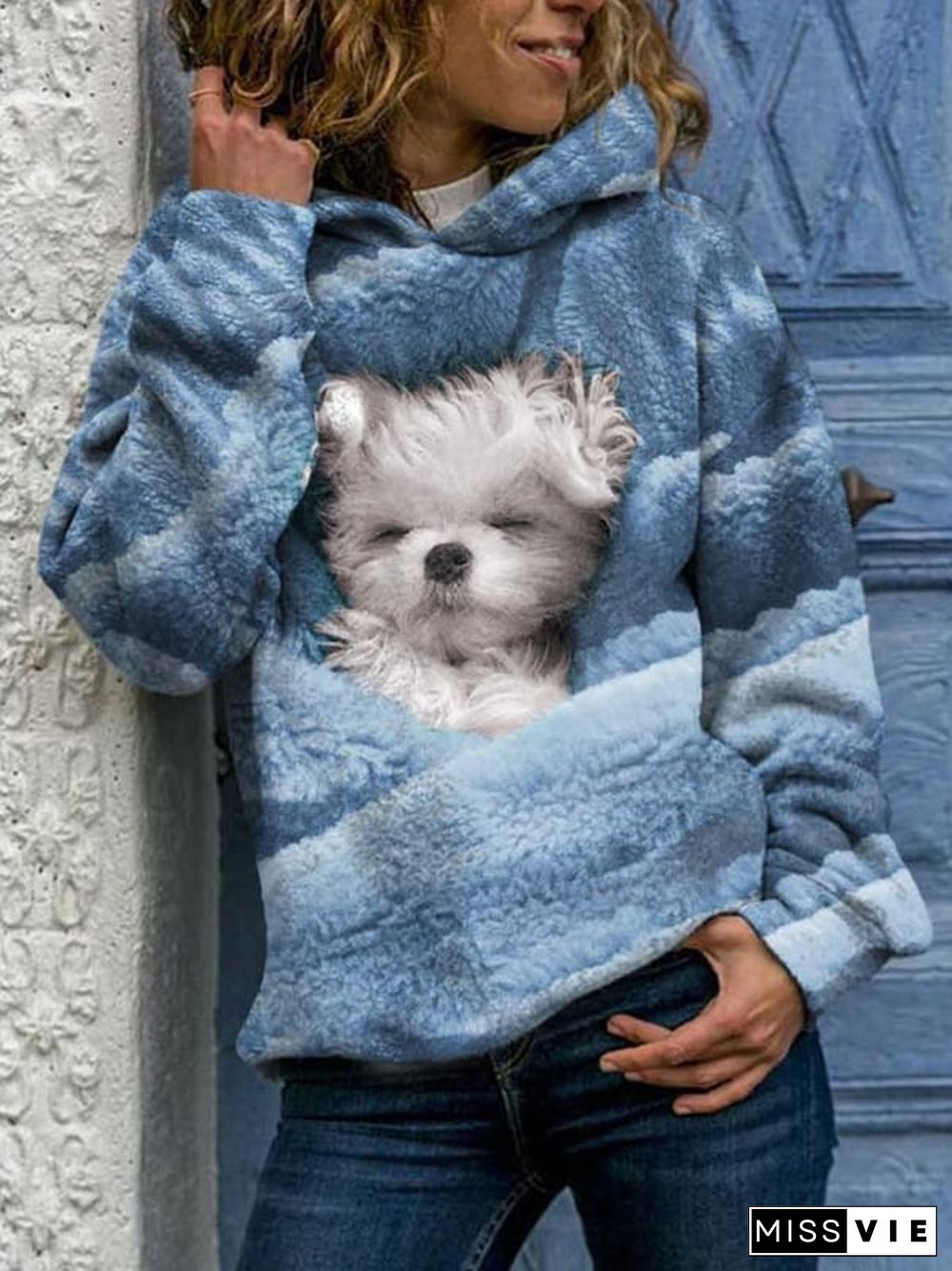 Fashionable Dog Print Hooded Long-Sleeved Sweatshirt