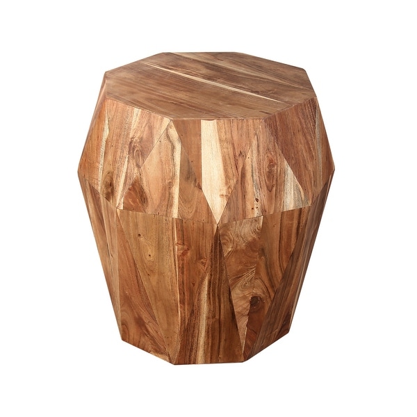 Bon 22 Inch Artisanal End Side Table， Multifaceted Solid Acacia Wood， Octagon Top， Natural Brown