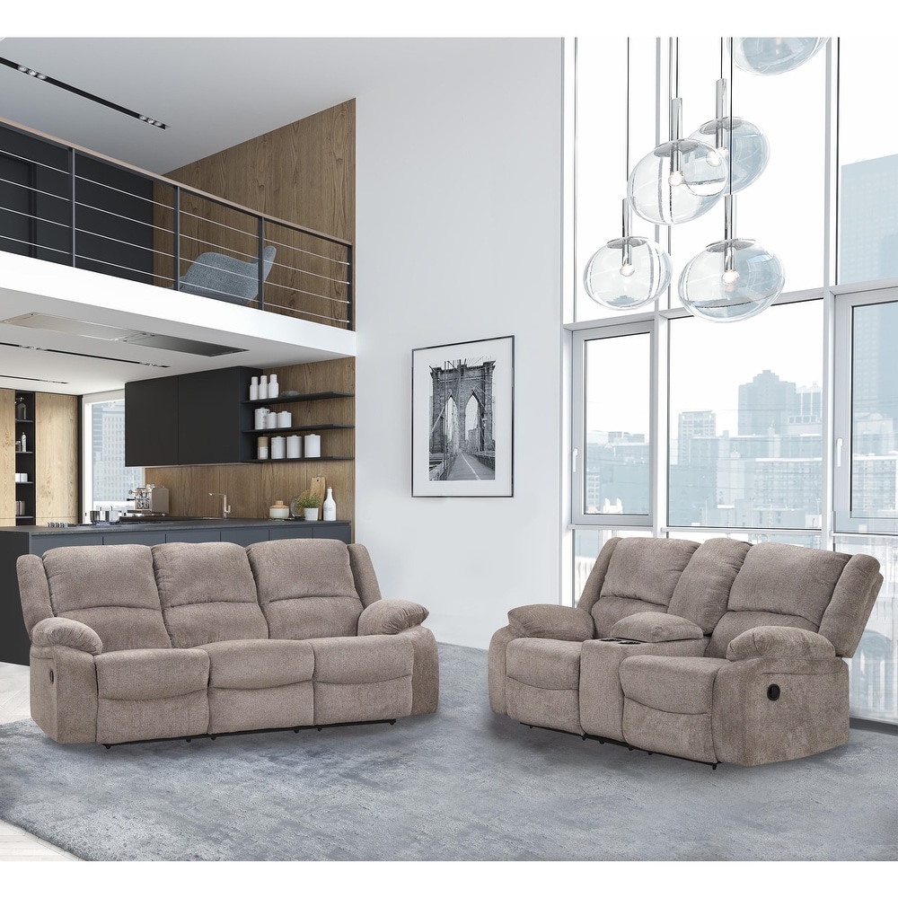 Chasel 2 Piece Mocha Manual Chenille Reclining Sofa Set with Cup Holders