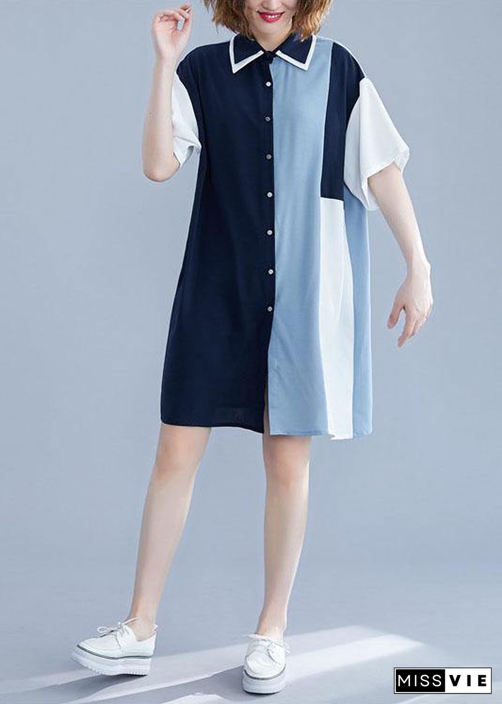 Chic blue Cotton clothes patchwork summer shirt Dress