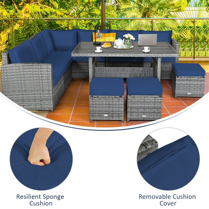 7 Pcs Rattan Patio Dining Furniture Sectional Sofa Set with Dining Table, Ottomans & Cushions