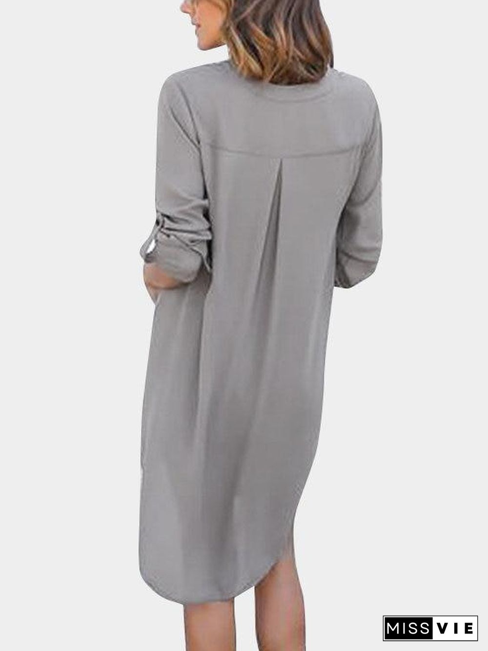 Grey V-Neck Long Sleeves Irregular Hem Chiffon Dress