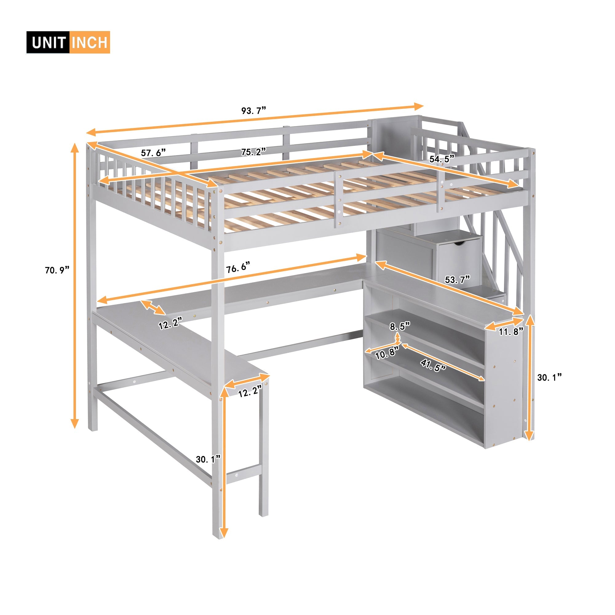 Wood Full Loft Bed with Desk, Shelf and Storage Staircase for Kids, Gray