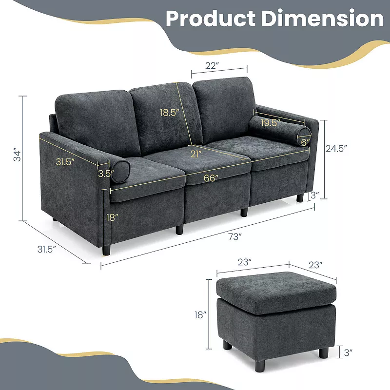 3 Seat L-Shape Movable Convertible Sectional Sofa with Ottoman-Gray