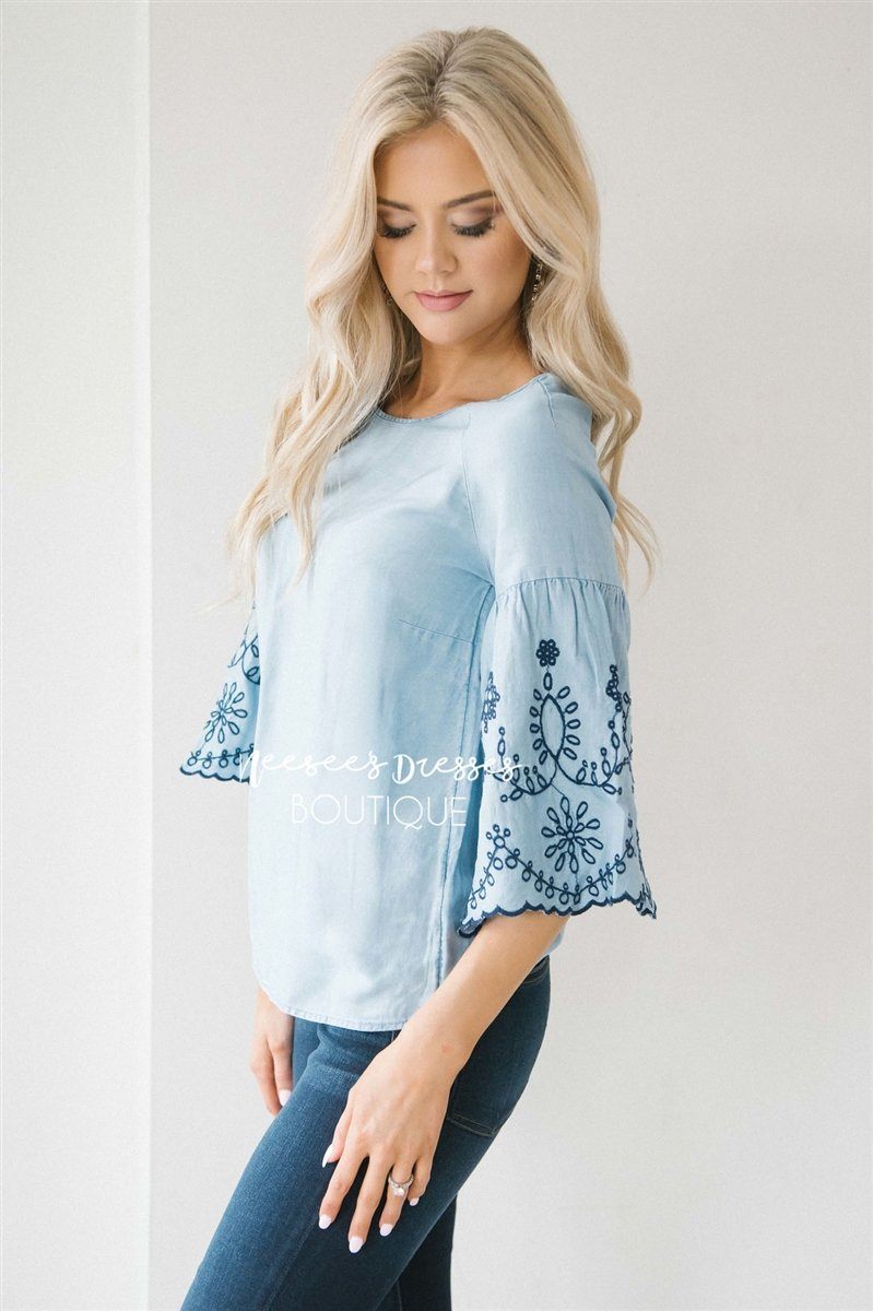 Embroidered Chambray Bell Sleeve Top