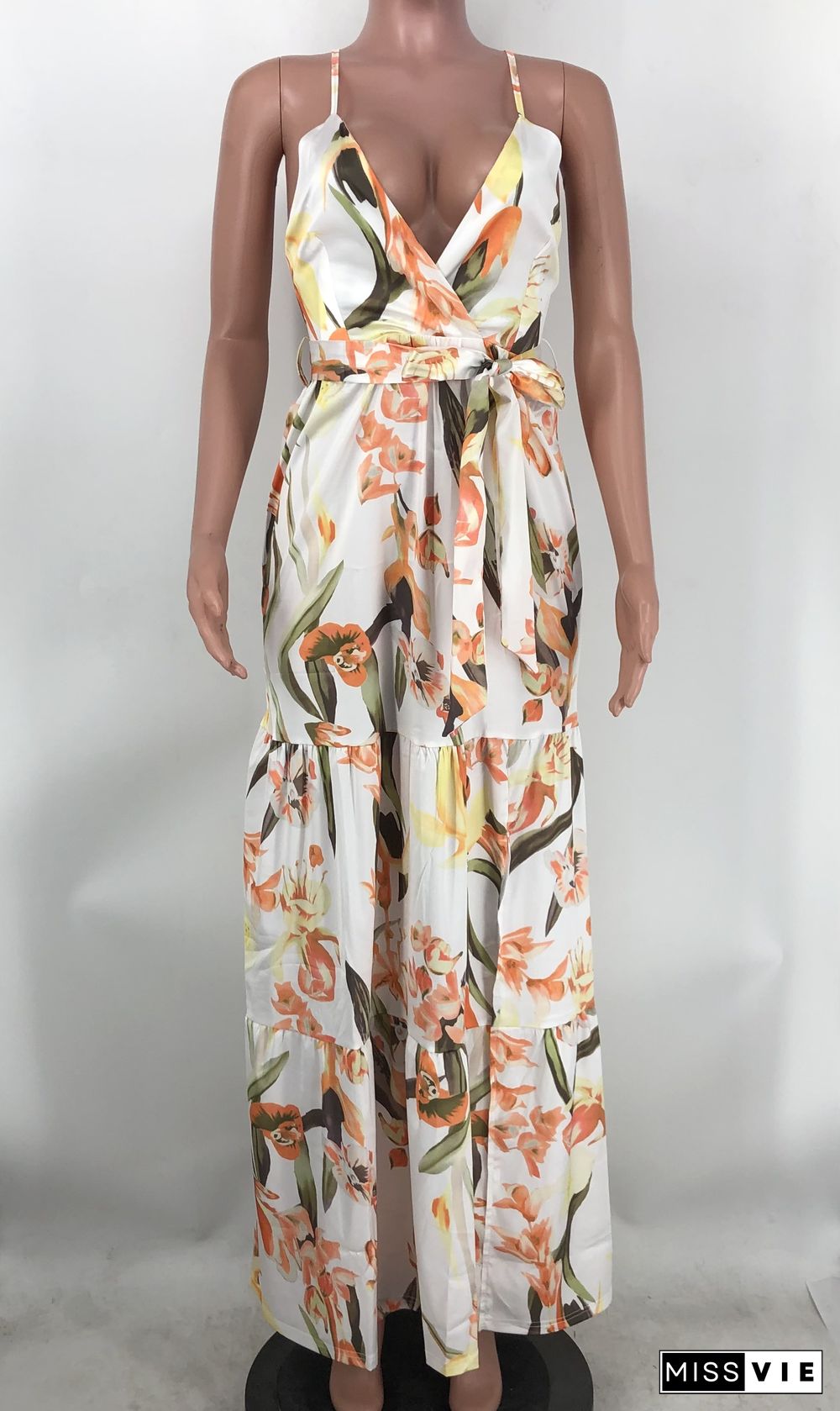 Sexy Floral Print Spaghetti Strap Backless Maxi Dress