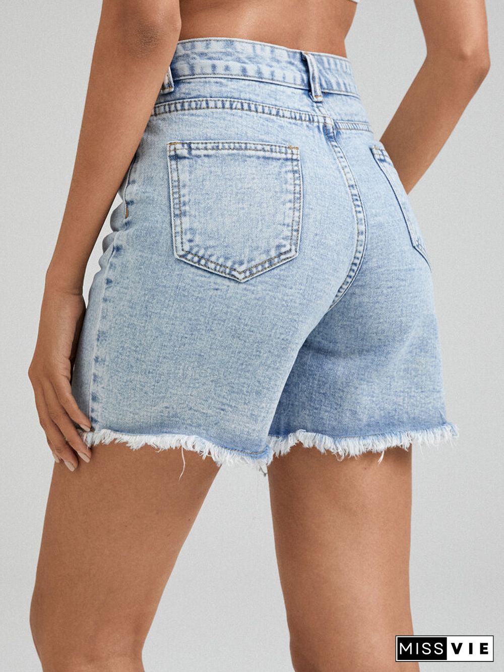 Asymmetrical High Waist Pocket Frayed Edge Denim Shorts