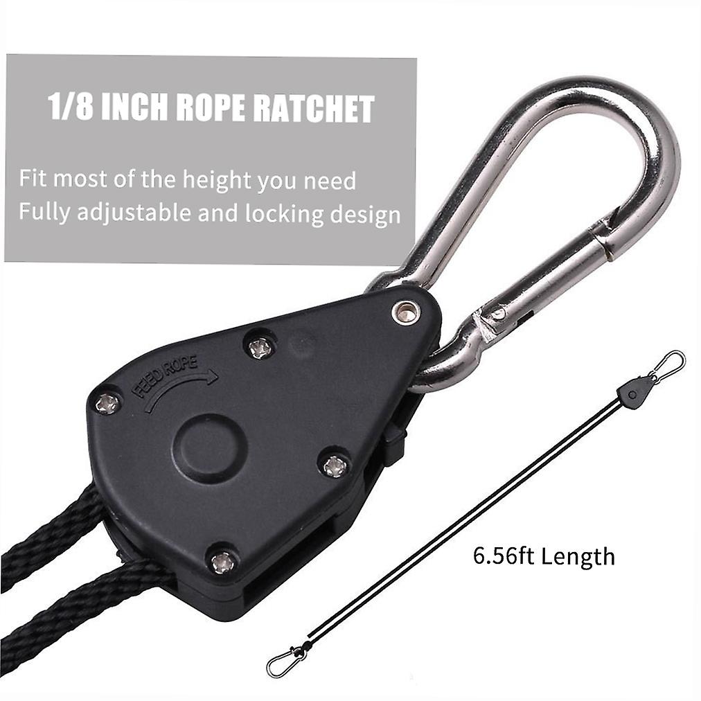 2-pack Ratchet 1/8 Inch Adjustable Heavy Duty Tie Down Rope Carabiner Hook Clip Hanger 150lb Capacity For Grow Light Luggage Strap Black