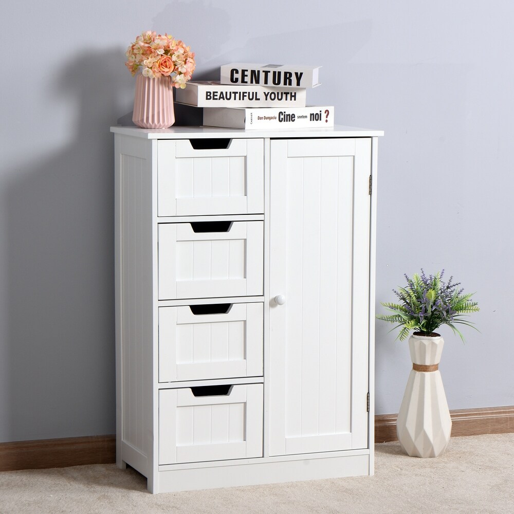 White Bathroom Storage Cabinet  Floor Cabinet with Adjustable Shelf and Drawers