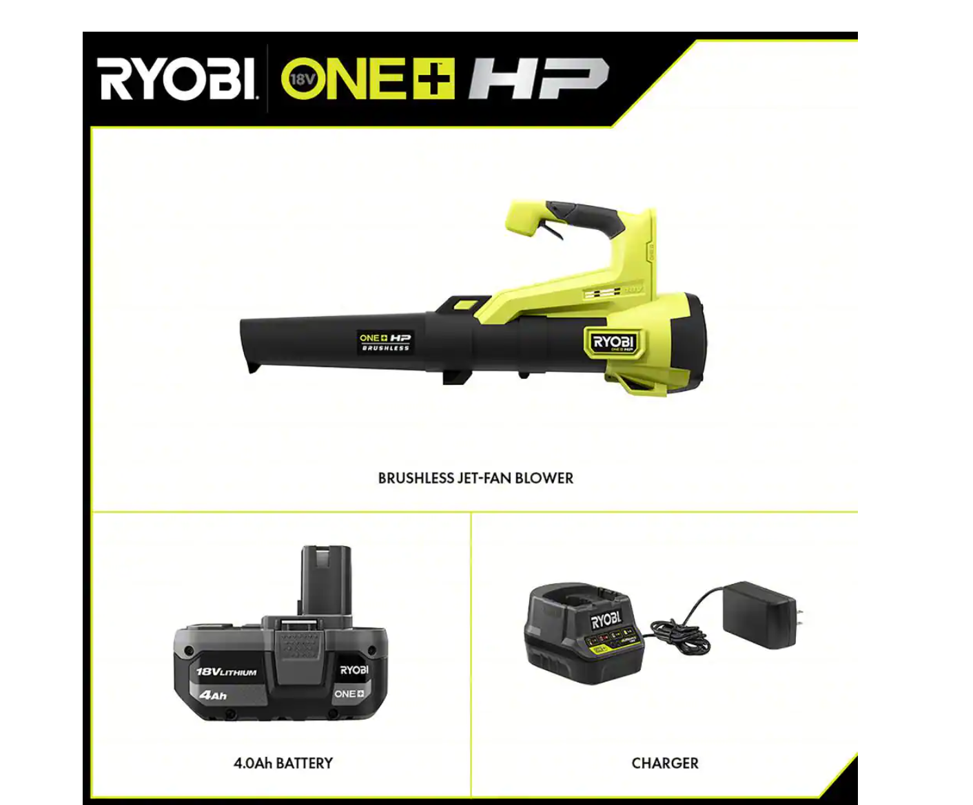 RYOBI P21120VNM ONE+ HP 18V Brushless 110 MPH 350 CFM Cordless Variable-Speed Jet Fan Leaf Blower w/ 4.0 Ah Battery and Charger