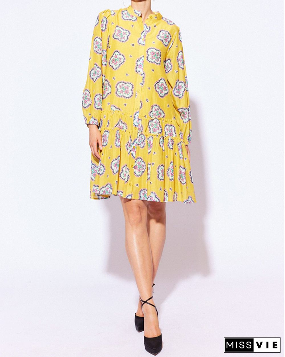 Cropped Sleeve Printed Loose Pleated Dress