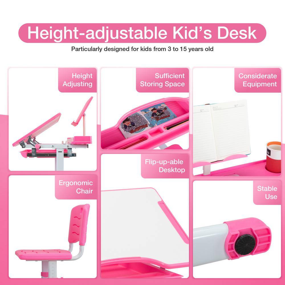 TOBBI Kids Desk and Chair Set Height Adjustable Children Study Workstation with Tilted Desktop Book Stand and Storage TH17S0763