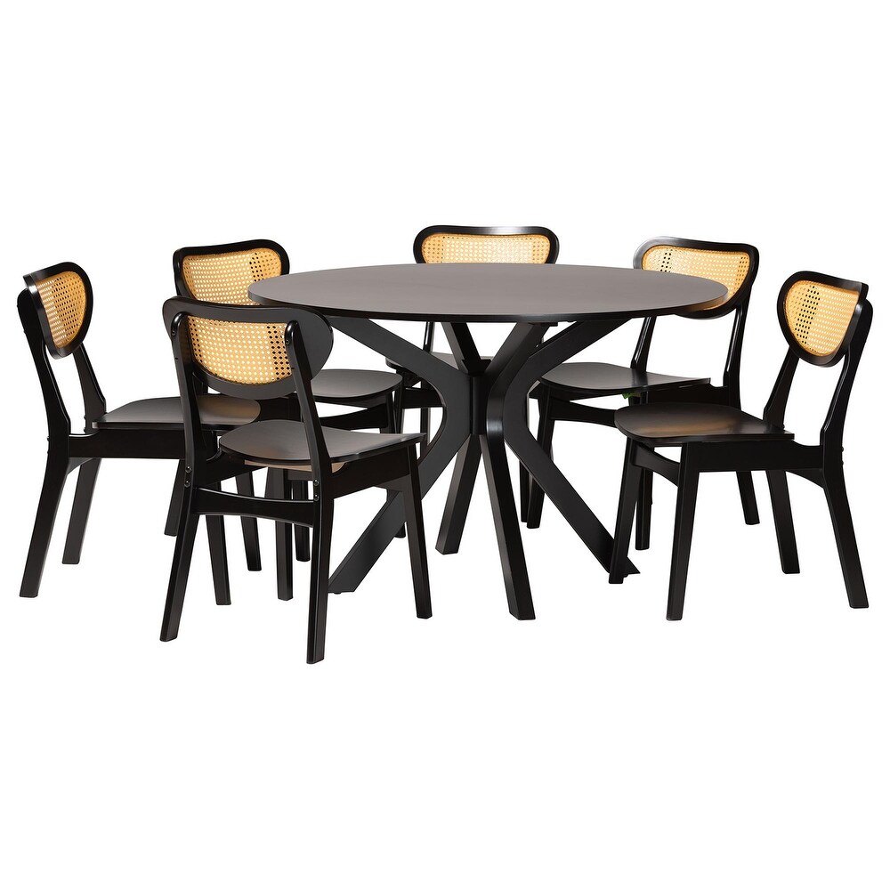 Giuliana Mid Century Modern Wood and Woven Rattan 7 Piece Dining Set