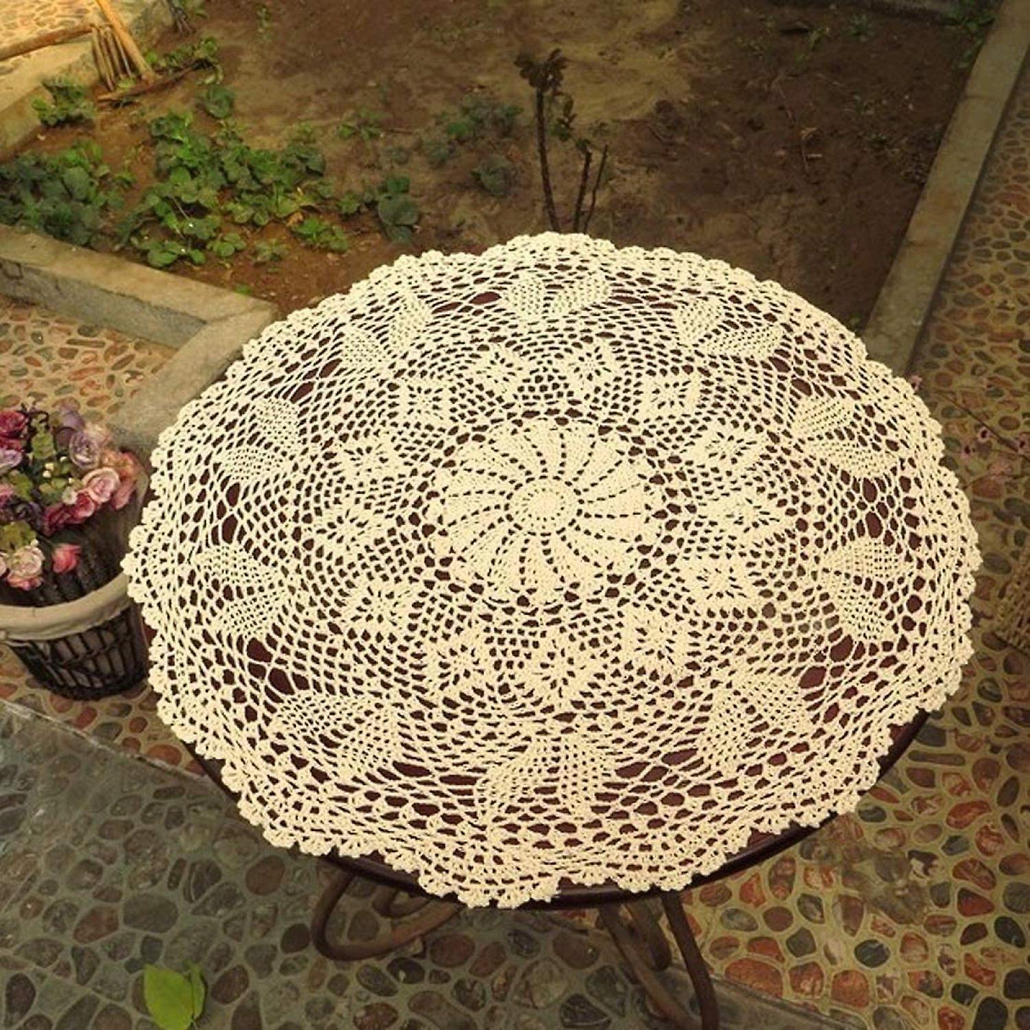 Handmade Crochet Cotton Lace Table Sofa Doily， Waterlily， Beige， 22 Inch