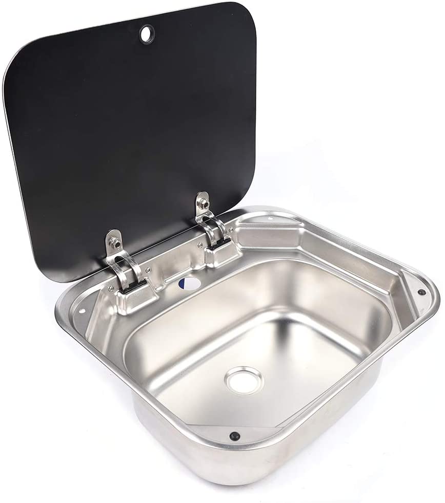 Caravan Sink, RV Caravan Camper Kitchen Basin Sink Stainless Steel with Glass Lid with Cold&Hot Faucet for RV Caravan Camper Boating