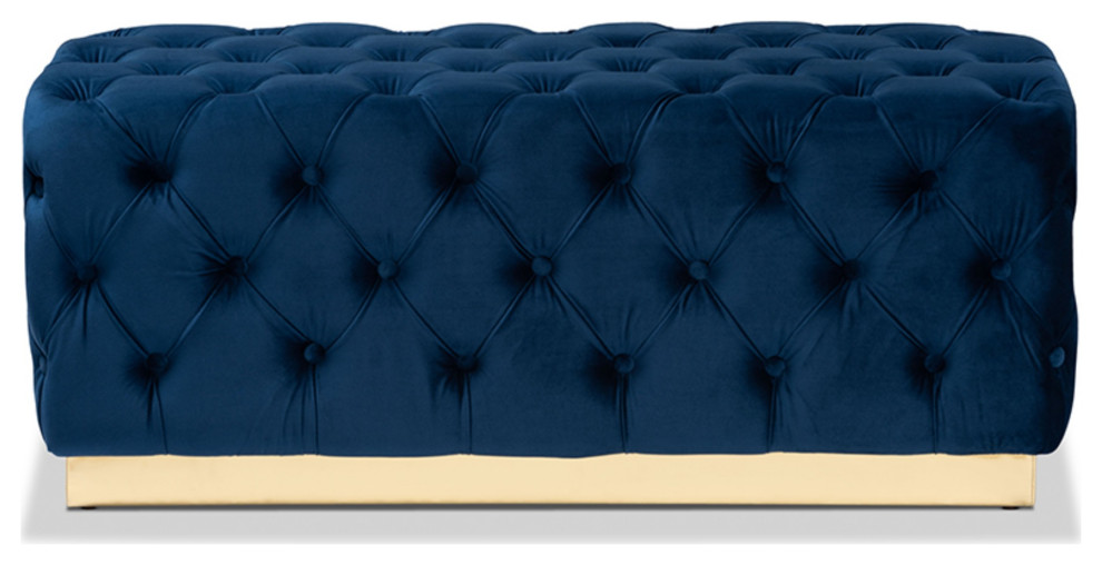 Navy Blue Velvet Fabric Upholstered and Gold PU Leather Ottoman   Contemporary   Footstools And Ottomans   by Fratantoni Lifestyles  Houzz