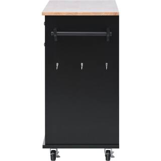 kitchen Island Cart with Spice Rac Towel Rack Drawer Rubber Wood Desktop 5 Wheels Including 4 Lockable Wheels In Black KITCHENBLACK07