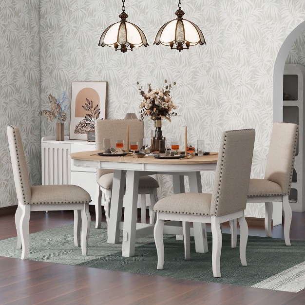 5 Pcs Round Wood Extendable Dining Table Set With 4 Upholstered Dining Chairs