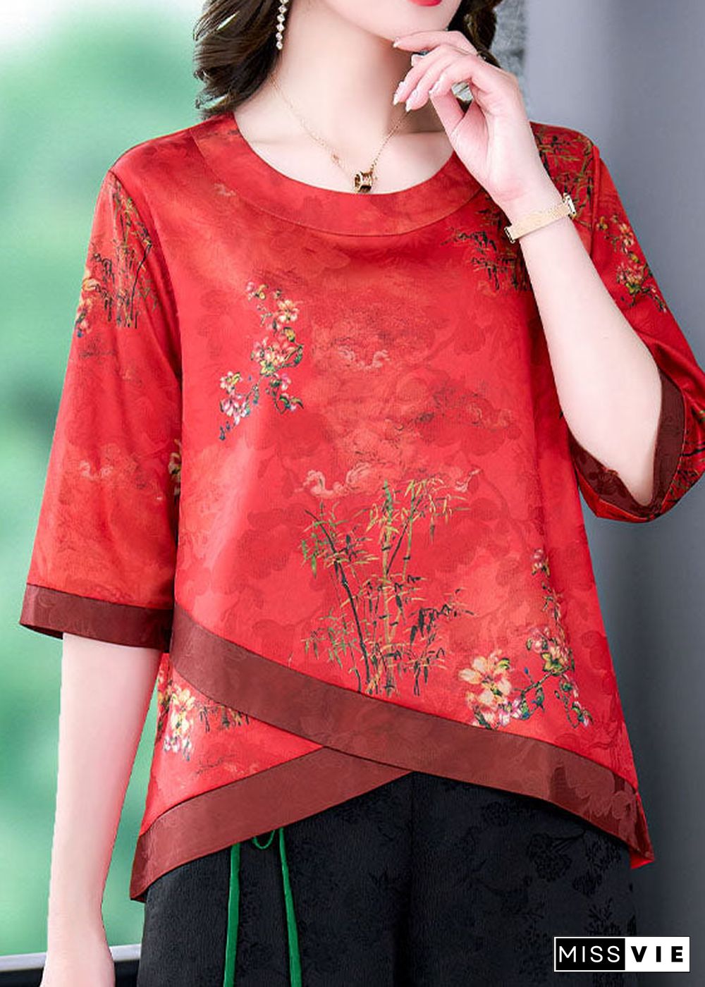 French Red O Neck Print Patchwork Silk Shirt Tops Summer