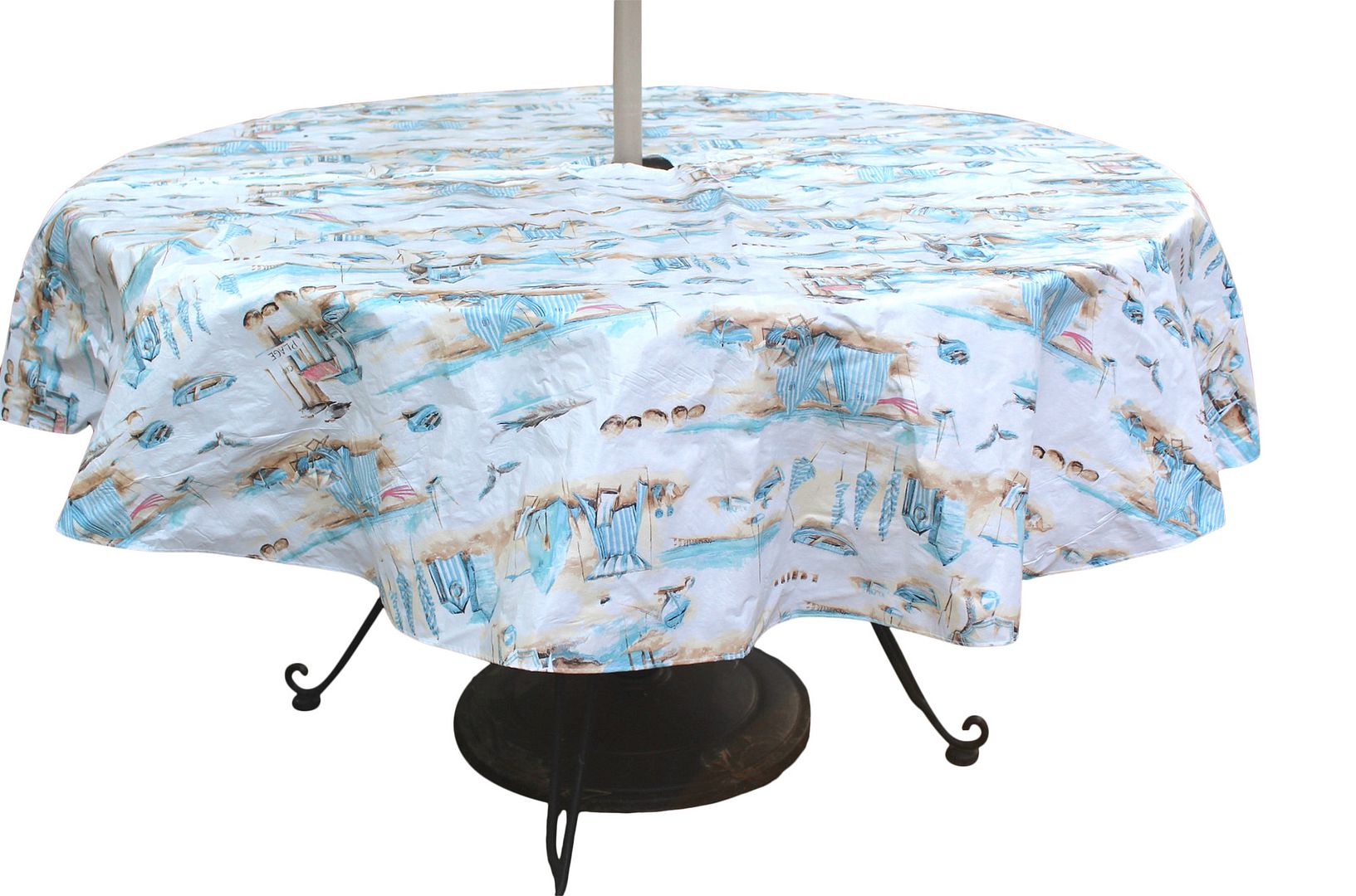 Summer Old Fashion Seaside Villas Coastal Vinyl Tablecloths: Patio Table Umbrella Tablecloth with Hole and Zipper, Blue Tan White, 70" Inch Diameter Round