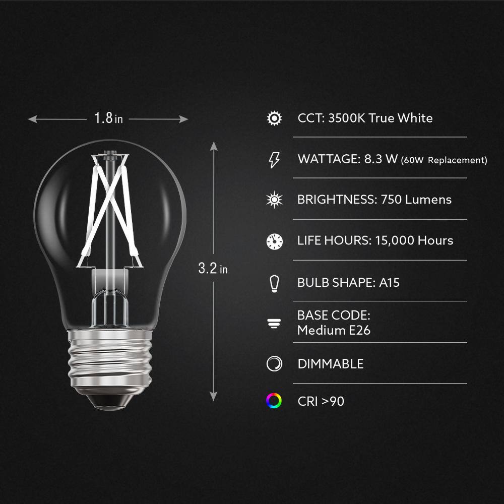 Feit Electric 60-Watt Equivalent A15 Dimmable White Filament CEC Clear Glass LED Ceiling Fan Light Bulb True White 3500K (2-Pack) A1560935CAWFILHDRP2