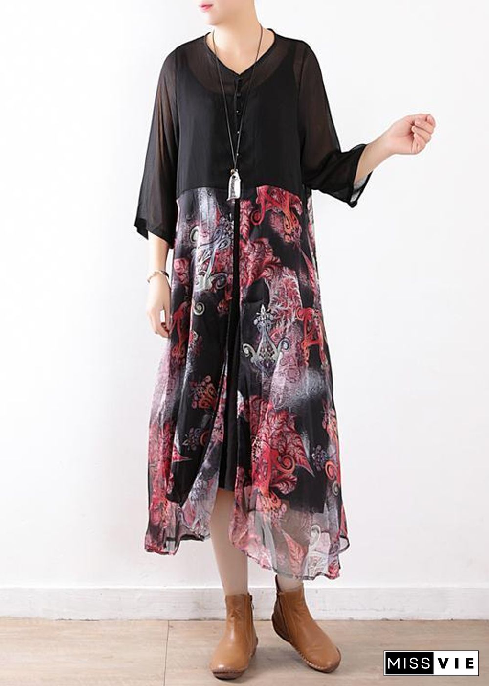 Women black chiffon cardigan For Women Fabrics patchwork prints Maxi summer Dress