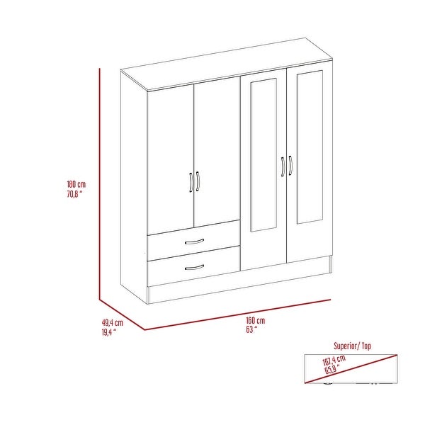 FM FURNITURE Florencia Mirrored New Vintage Armoire with Two Cabinets With Divisions and Two Drawers - - 33834917