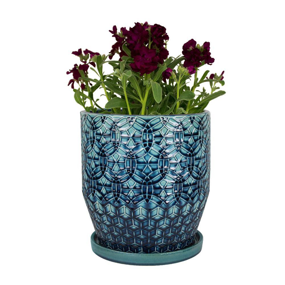 Trendspot 12 in. Dia Blue Rivage Ceramic Decorative Pot CR10853-12A