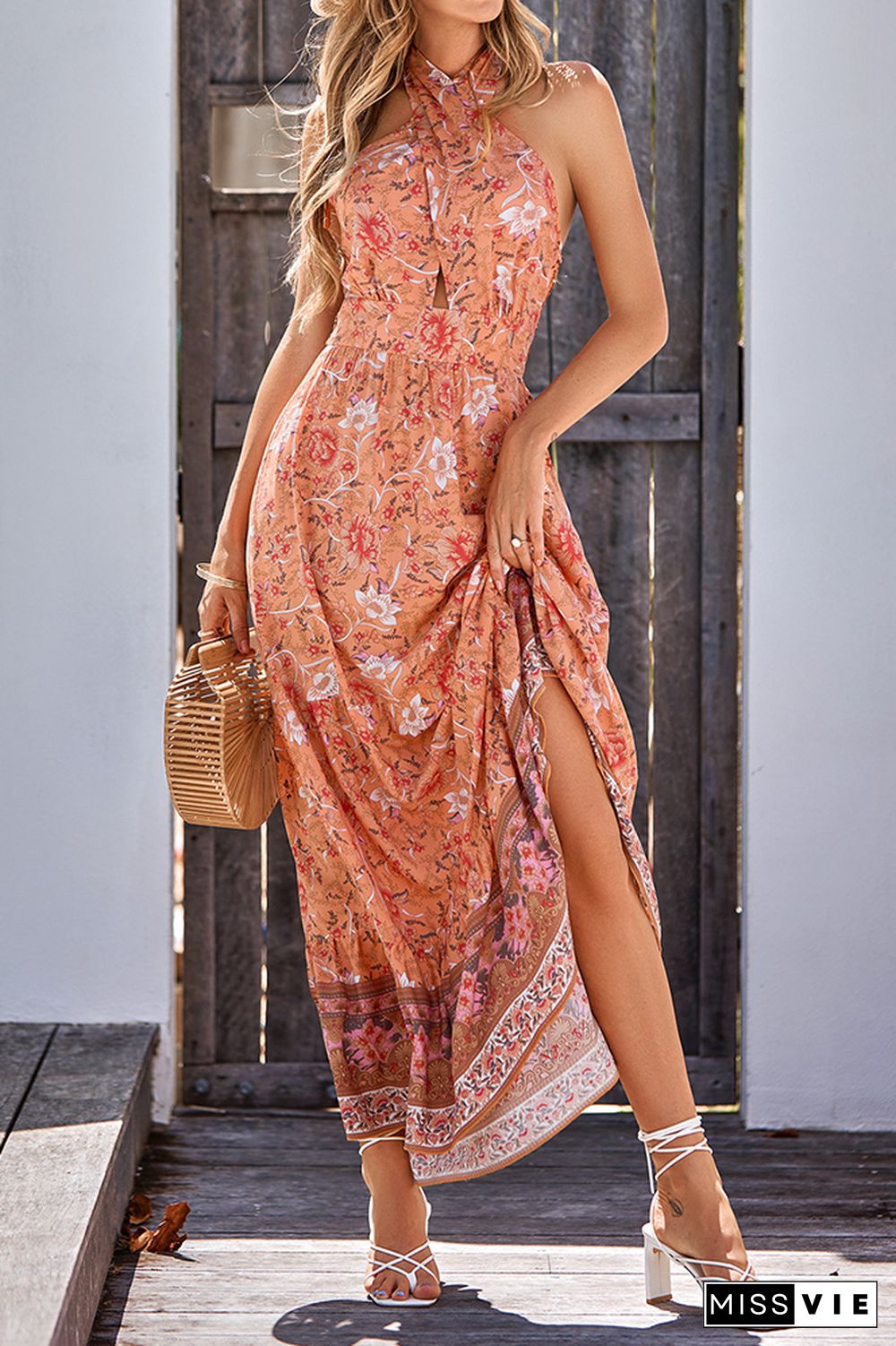 Halter Backless Bohemian Floral Maxi Dress