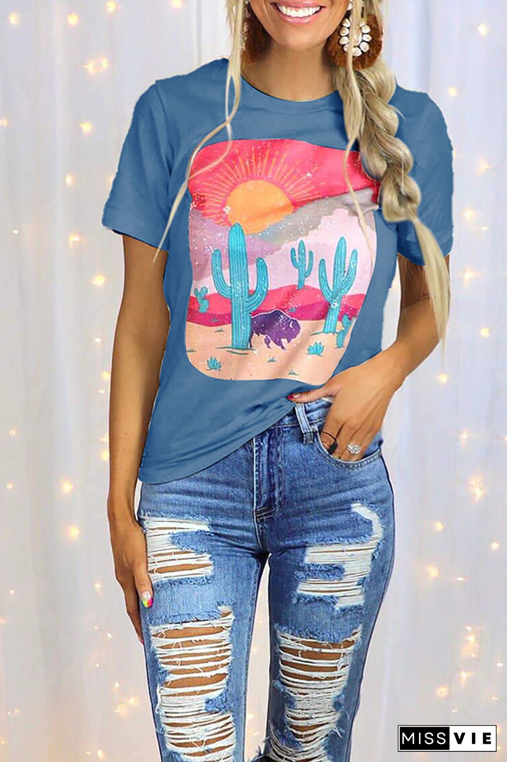 Cactus and Desert Print Graphic Tees for Women Wholesale Short Sleeve T shirts Top