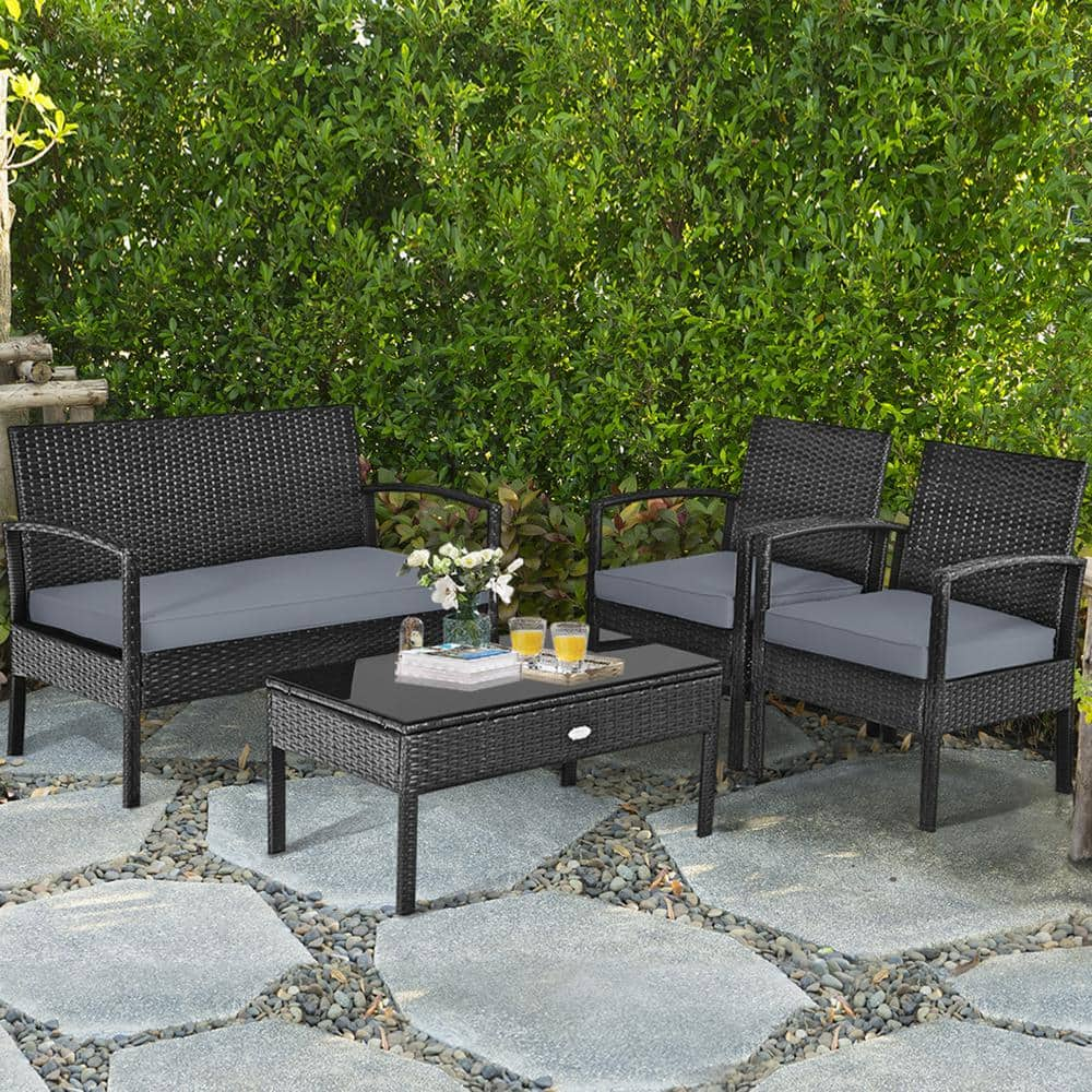 Gymax 8-Pieces Rattan Wicker Patio Garden Furniture Set Black Rattan with Gray Cushion GYM05022