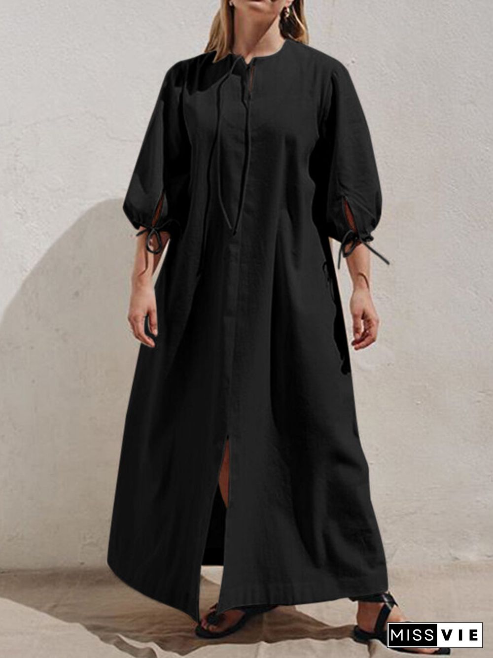 Solid Color Half Sleeves Front Slit Lace-Up Casual Maxi Dress