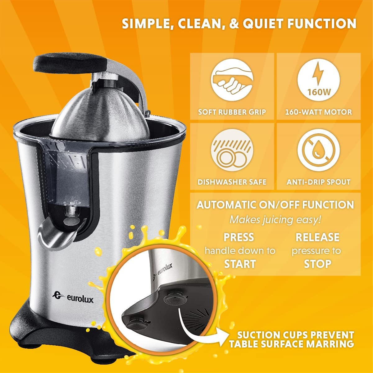 Eurolux ELCJ-1600 Electric Citrus Juicer - Powerful Electric Oranges Juicer and for Lemons with New and Improved Juicing Technology - Stainless Steel Orange Juicer with Soft Grip Handle and Cone Lid