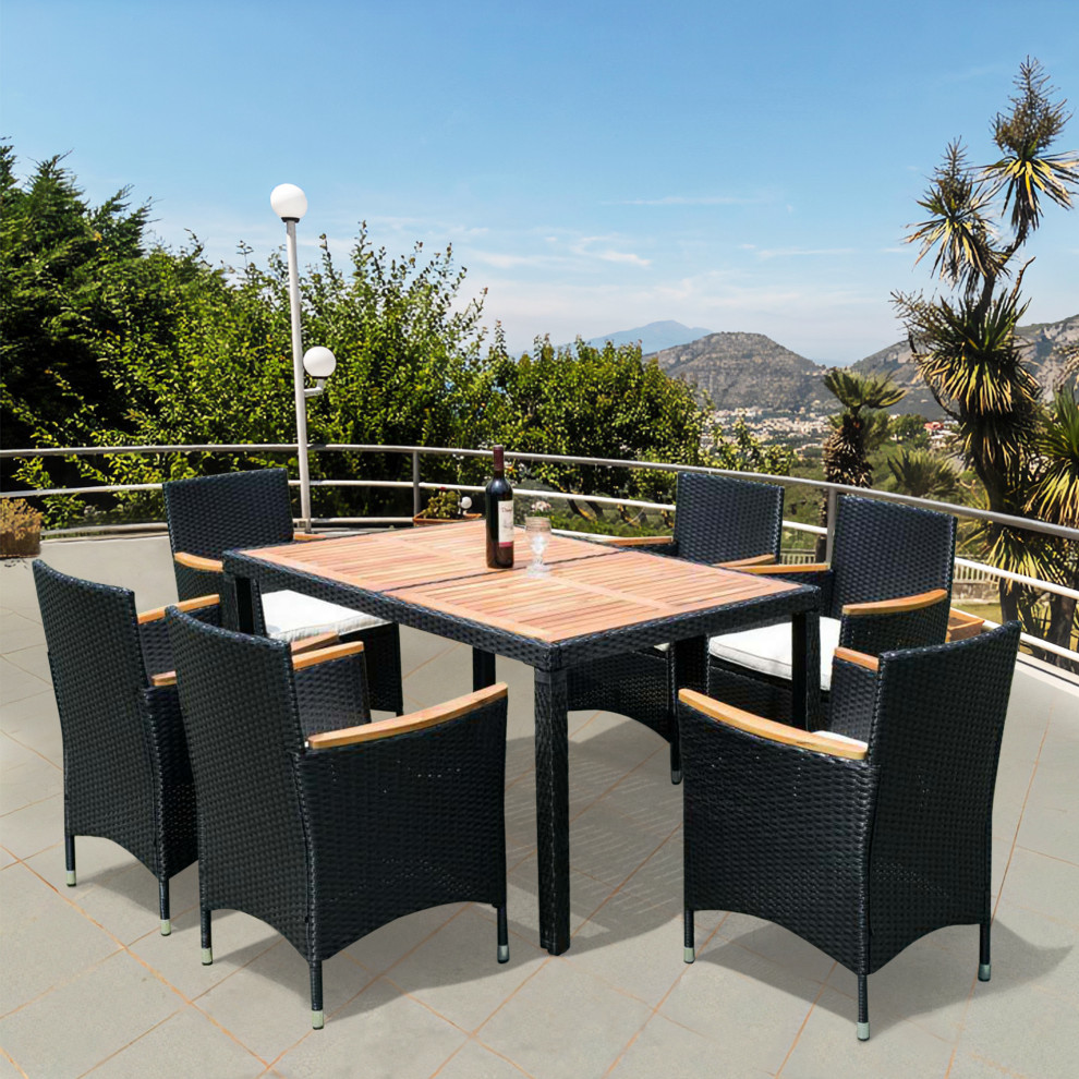 7 Pieces Outdoor Patio Wicker Furniture Dining Table Set With 6 Stools   Tropical   Outdoor Dining Sets   by AquaView Inc  Houzz