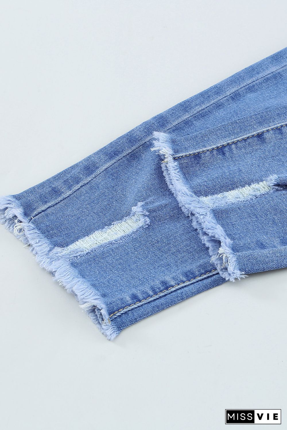 Sky Blue Drawstring Elastic Waist Hole Ripped Jeans