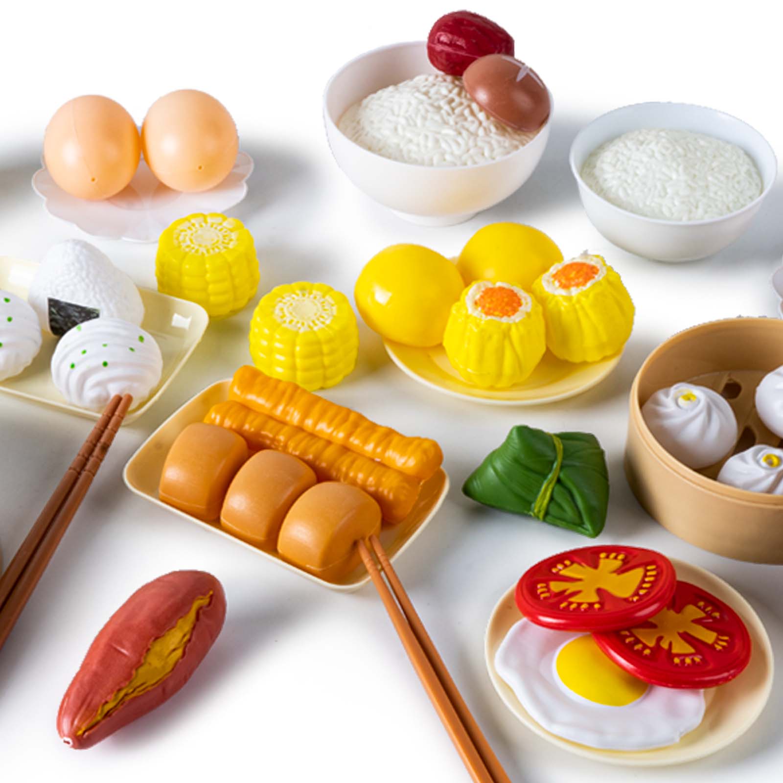 88Pcs Children's play food set with steamed buns, eggs, soy milk, breakfast, cutlery, steamer, dramatic plastic food toys for toddler boys and girls over 3 years old