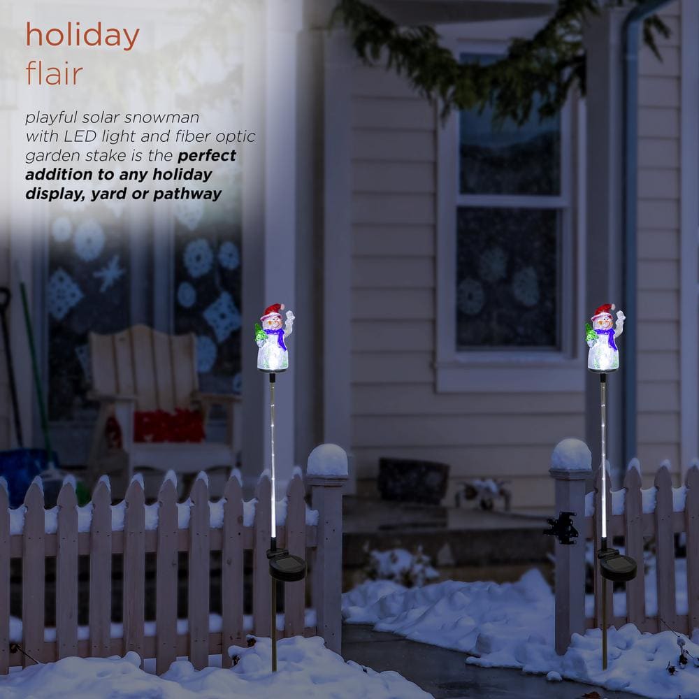 Alpine Corporation 34 in. Tall Solar Snowman Fiber Optic Garden Stake with LED Lights, Set of 2 QLP1103SLR-2