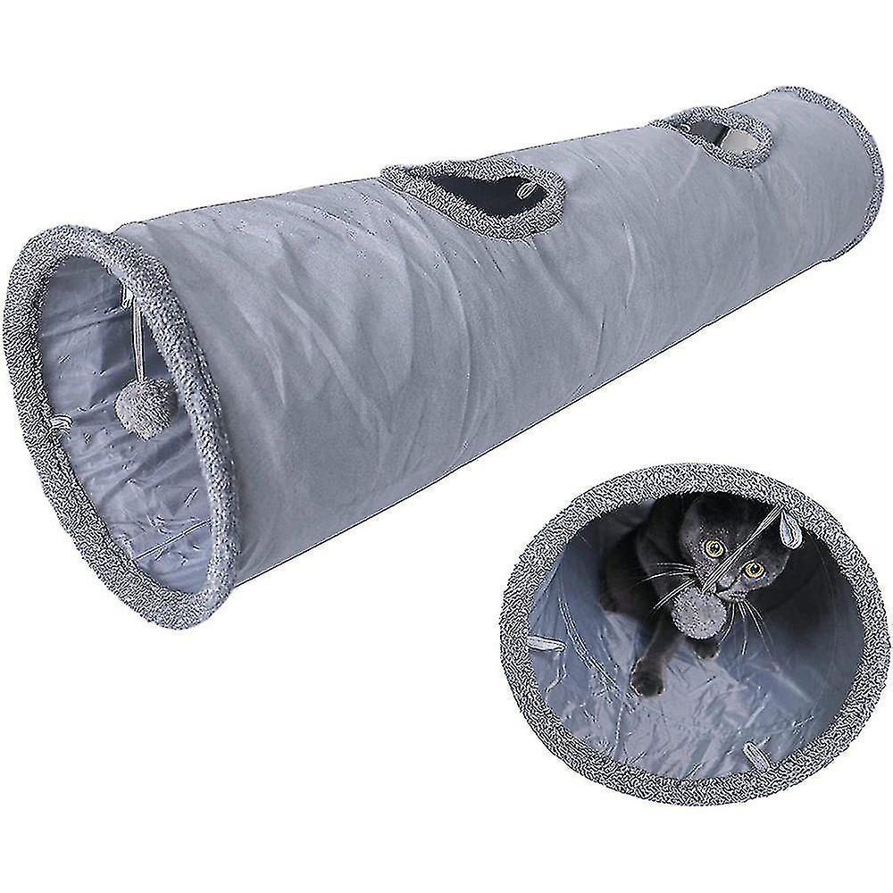 Cat Tunnel Foldable Cat Toy Crinkle Tunnel For All Cats And Small Animals 2 Caves Gray Suede 130 X 3