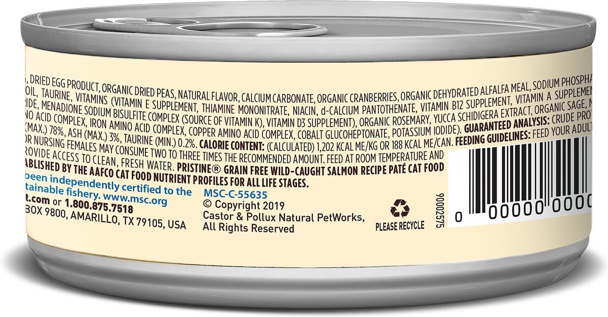 Castor and Pollux PRISTINE Grain-Free Wild-Caught Salmon Recipe Pate Canned Cat Food