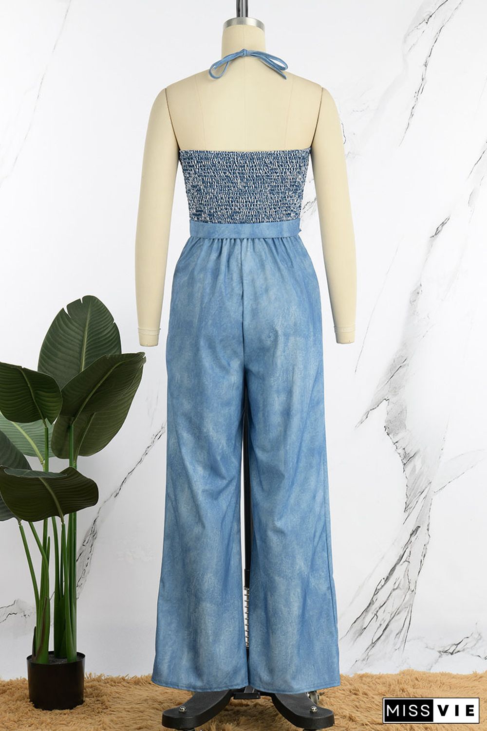 Blue Casual Solid Patchwork Fold Halter Straight Jumpsuits