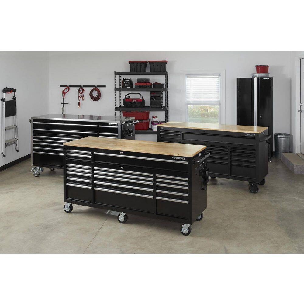 Husky 72 in. W x 24 in. D Standard Duty 18-Drawer Mobile Workbench Tool Chest with Solid Wood Top in Gloss Black HOTC7218B12M