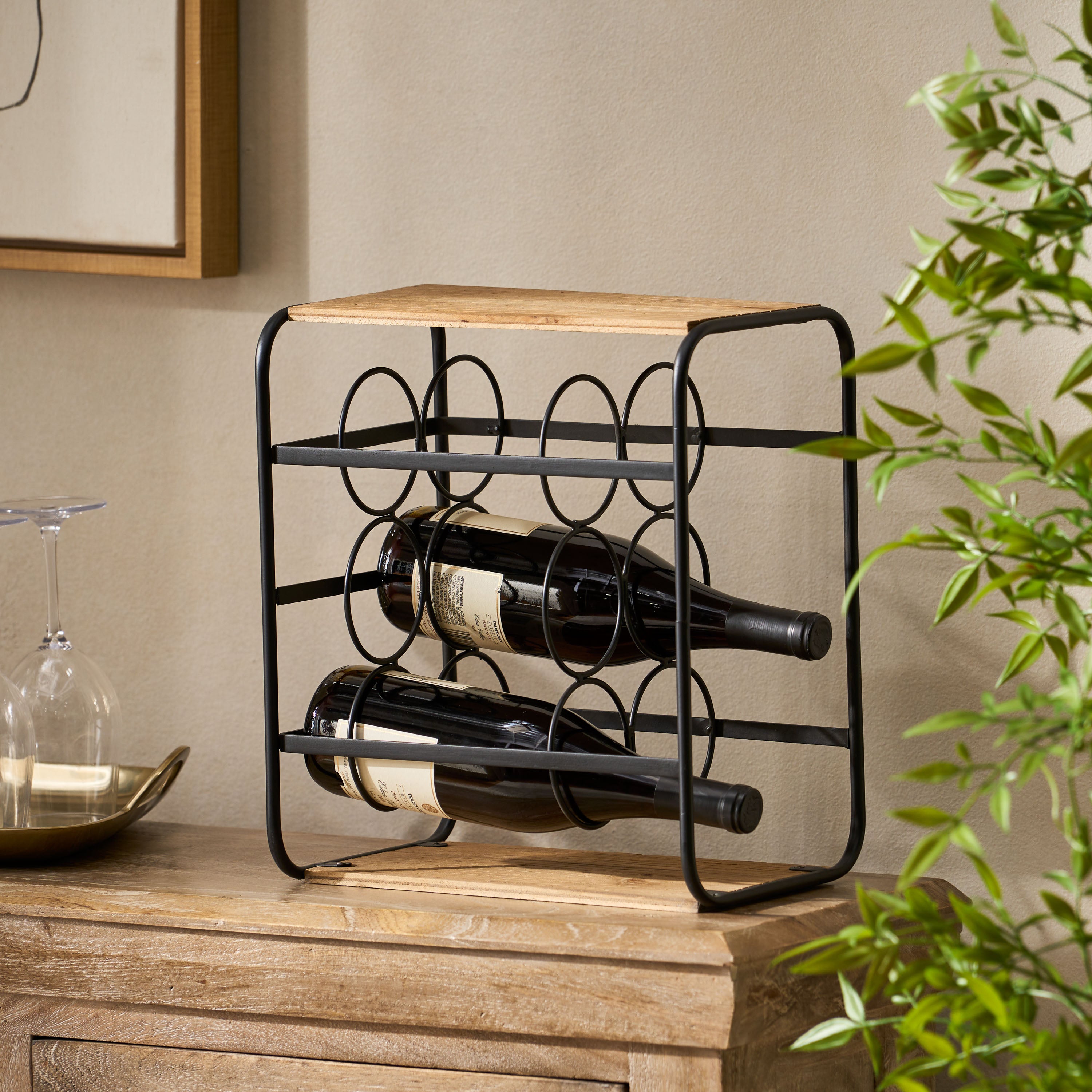 Gurnett Modern Industrial 6 Bottle Tabletop Wine Rack, Natural and Black