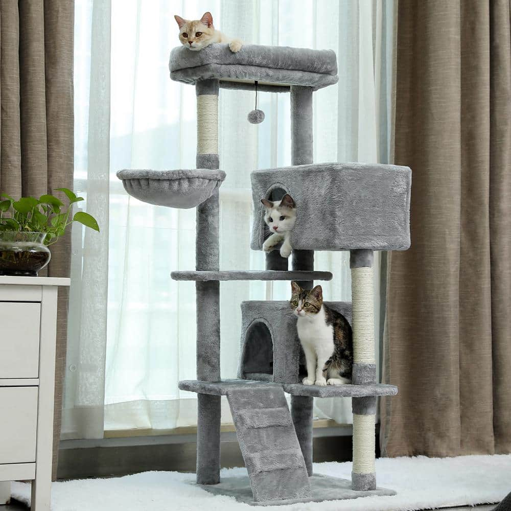 Foobrues 56.30 in. H Pet Cat Scratching Posts and Trees with Super Large Perch Double Condo Hammock in Gray LNN-P23168229