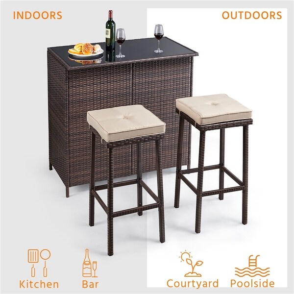 3-Piece Rattan Wicker Bar Height Patio Set for Outdoors， Bro - Overstock - 37150379